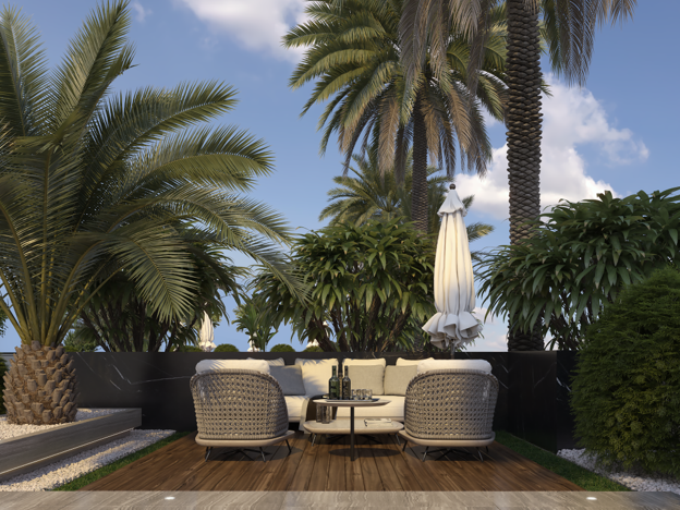CGI rooftop perspective of One Canal Road, a landmark residential project in Lahore, featuring elegant seating on a wooden deck surrounded by greenery and white gravel.