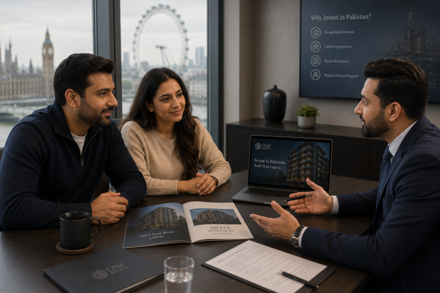 Pakistani couple living in the UK meeting with a financial advisor to discuss luxury real estate investment opportunities in Pakistan
