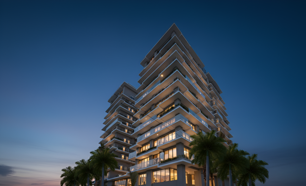A modern building with straight lines and clean edges stands tall below a clear blue sky, surrounded by palm trees