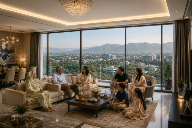 Pakistani family with grandparents relaxing together in a luxury apartment lounge overlooking the hills of Islamabad