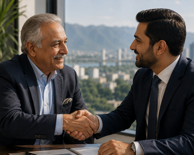 Elder Pakistani investor shaking hands with a younger financial advisor after agreeing on a real estate investment deal