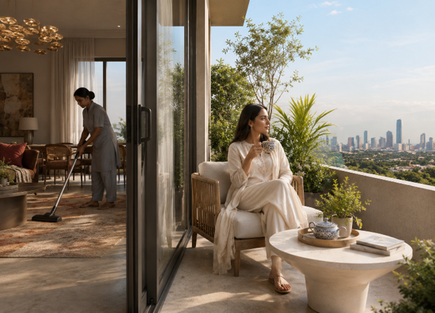 Pakistani woman enjoying a cup of tea on the private balcony of a luxury apartment at One Edition by One Homes while a housekeeper cleans the spacious living room inside, highlighting effortless modern living.