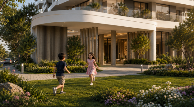 Children playing on a green lawn outside a modern residential building complex surrounded by landscaped gardens and trees