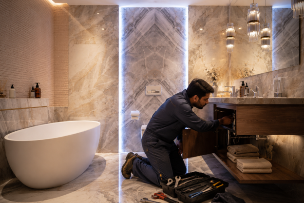 Professional Pakistani plumber repairing plumbing beneath the vanity in a luxury marble bathroom inside a premium residential property in Pakistan.