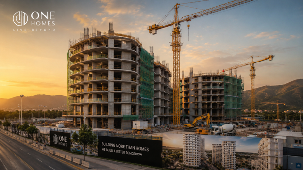 Luxury apartment development under construction in Islamabad with cranes, workers, and modern residential towers