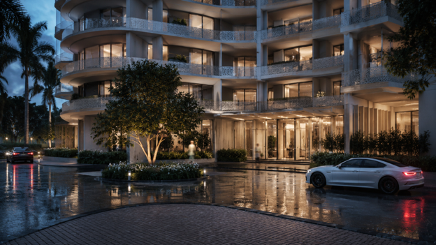 Street-level perspective of Amaya Residences, featuring landscaping and greenery, symbolising secure overseas Pakistani property investment in Pakistan’s luxury housing market.