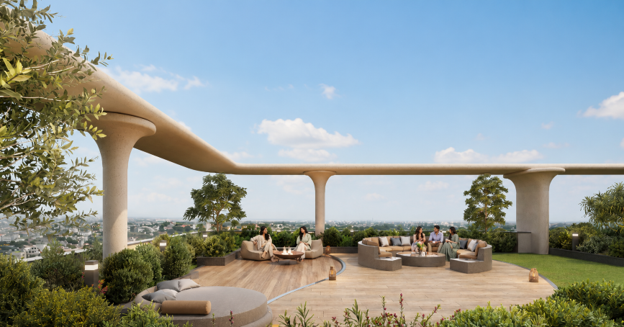 Luxury rooftop terrace at One Edition by One Homes in Lahore featuring landscaped gardens, premium lounge seating, panoramic city views and residents enjoying the outdoor amenity space.