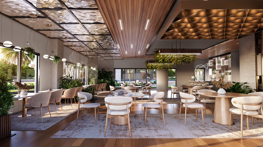 A sprawling restaurant interior with modern aesthetics and foliage indoors