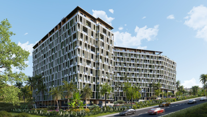 A CGI of a modern building with a road and cars passing by amidst greenery