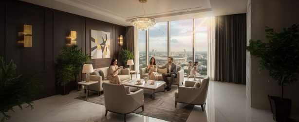 A spacious living room with panelled walls, a large window with daylight streaming in, and a family gathered together over tea