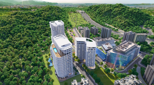 CGI aerial view of Amaya Residences glistening in the sun, surrounded by lush greenery and hilltops, showcasing Pakistan’s luxury real estate potential.