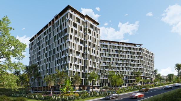 A CGI of a large building standing  tall amidst foliage behind a road with cars