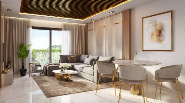 A luxurious living room with an L-shaped sofa on a carpet by a large window with a view, and a small breakfast table on the side