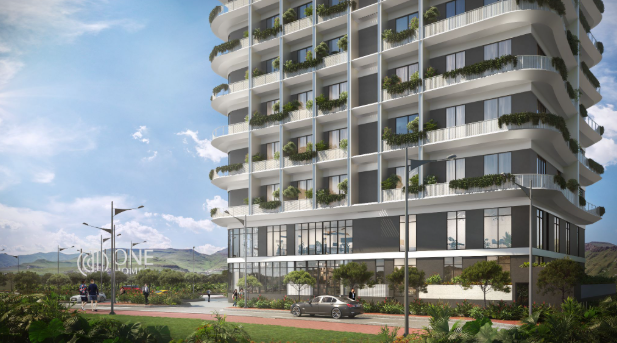 CGI view of Diyàr residences’ modern architecture surrounded by greenery and mountains visible in the distance, a high appreciation property designed for families looking for wellness, peace of mind, and ROI