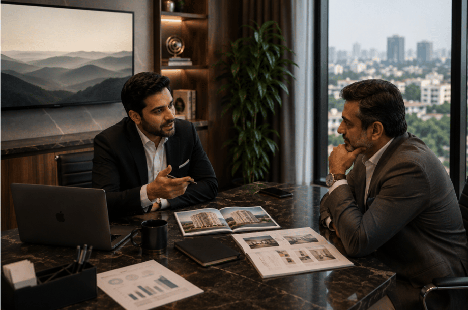 A high-net-worth Pakistani investor meeting a financial advisor to discuss luxury real estate opportunities