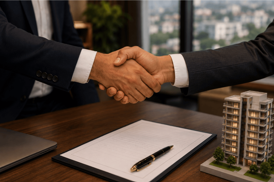 A close up of two Pakistani businessmen shaking hands over a real estate investment agreement in a professional office