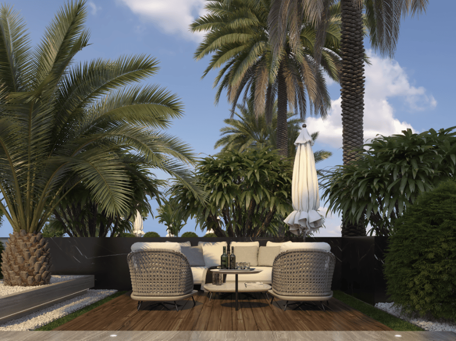 CGI rooftop perspective of One Canal Road, a landmark residential project in Lahore, featuring elegant seating on a wooden deck surrounded by greenery and white gravel.