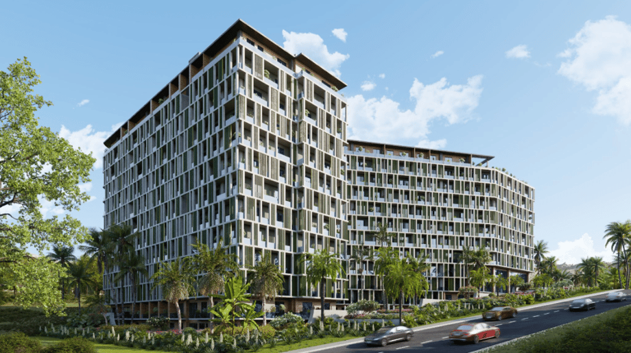 CGI rendering of a tall residential building rising above greenery, with a road and passing cars in the foreground, symbolising modern property investment in Pakistan designed for overseas families seeking stability and lifestyle.