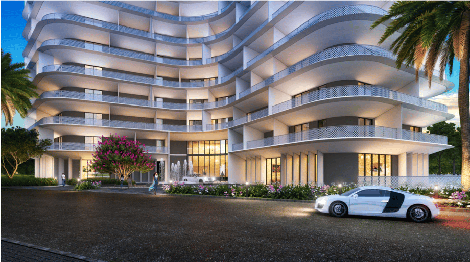 CGI illustration of Amaya Residences, featuring a curved architectural design with landscaped greenery and water features at the entrance, highlighting premium luxury apartments in Islamabad for overseas investors.