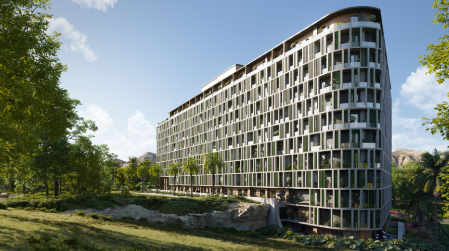 CGI rendering of One Serene Residences, a modern apartment complex set against natural rock formations, open plains, and lush greenery, reflecting the appeal of luxury apartments in Islamabad for overseas investors seeking stability and lifestyle.