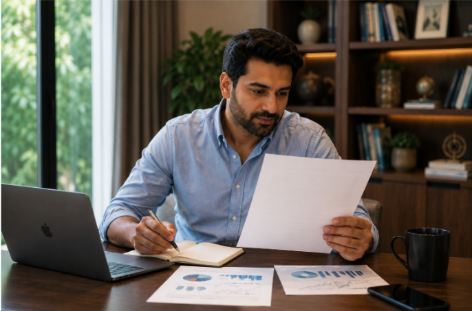 Pakistani investor reviewing investment portfolio documents showing stocks, real estate, and fund performance in a home office