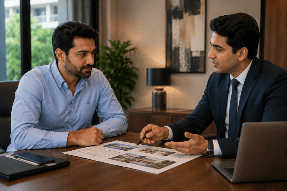 Pakistani investor meeting with a financial advisor to discuss luxury property investment opportunities in Pakistan