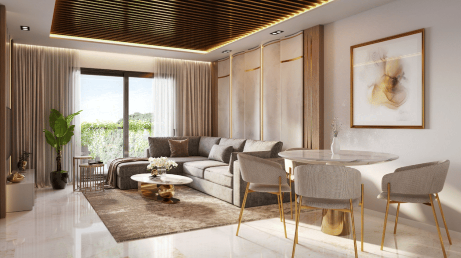 CGI view of Trinity One’s elegant living room featuring an L-shaped sofa on a carpet beside a large window with scenic views, complemented by a small breakfast table, reflecting modern luxury apartments in Pakistan designed for overseas investors seeking comfort and convenience.