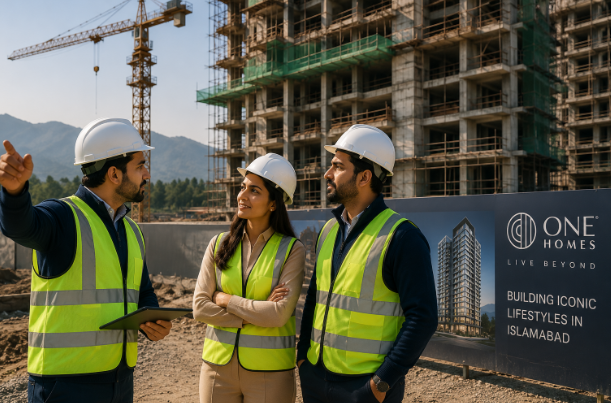 Pakistani investors and a financial advisor visiting a luxury apartment construction site in Islamabad, wearing safety helmets and reflective vests