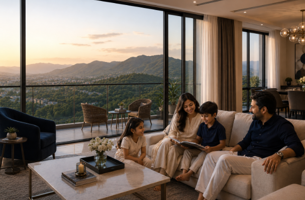 Pakistani family relaxing inside a luxury apartment overlooking the green hills and skyline of Islamabad