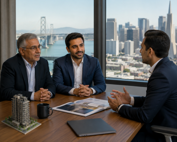 Pakistani father and son living overseas meeting with a professional real estate advisor to discuss property investment opportunities in Pakistan