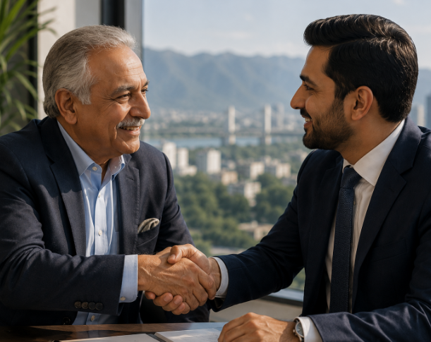 Elder Pakistani investor shaking hands with a younger financial advisor after agreeing on a real estate investment deal
