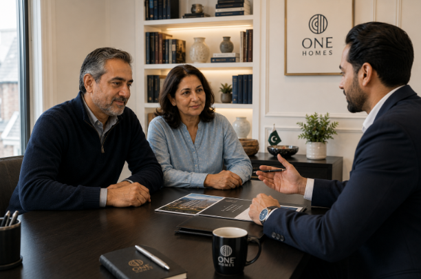  Pakistani couple in the UK meeting with a One Homes representative to discuss luxury real estate investment in Pakistan