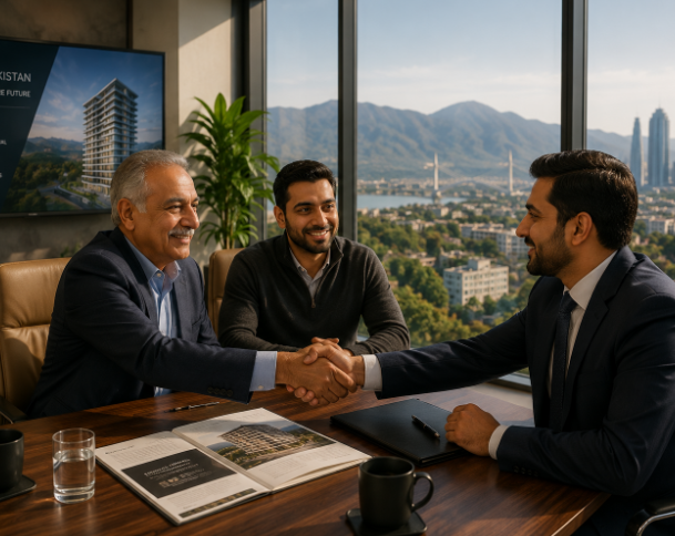 Pakistani overseas investors meeting with a real estate advisor and shaking hands after discussing a property investment opportunity