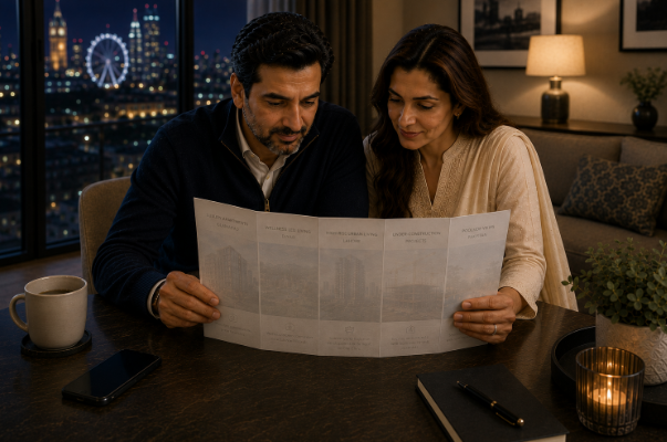 Pakistani couple reviewing a luxury property investment brochure together in their apartment at night