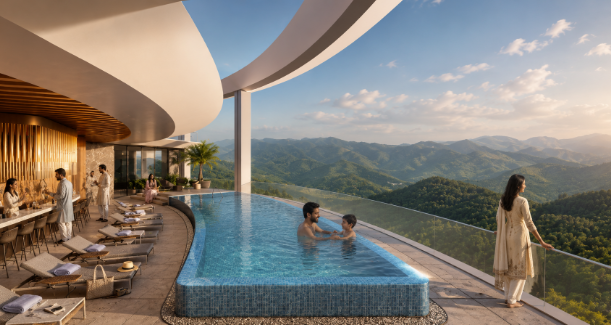  Luxury infinity pool overlooking the green hills of Islamabad with Pakistani families and residents enjoying the wellness-focused amenities