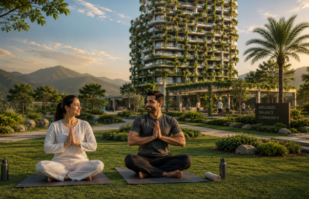 Pakistani couple practising yoga outdoors in front of a luxury residential tower surrounded by greenery and the Islamabad hills