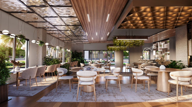 A sprawling restaurant interior with modern aesthetics and foliage indoors