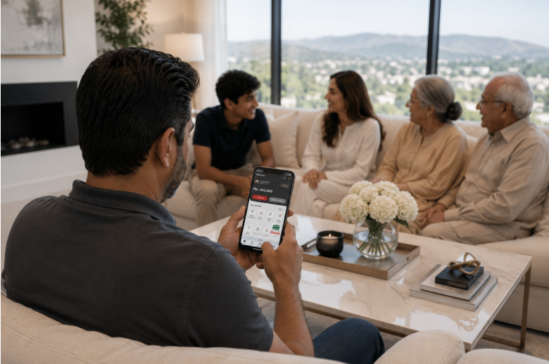 Pakistani investor using Raast mobile banking to transfer funds for a real estate investment while spending time with family.
