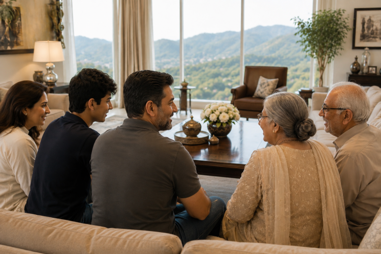 Multi-generational Pakistani family discussing property ownership and legacy planning in Islamabad.