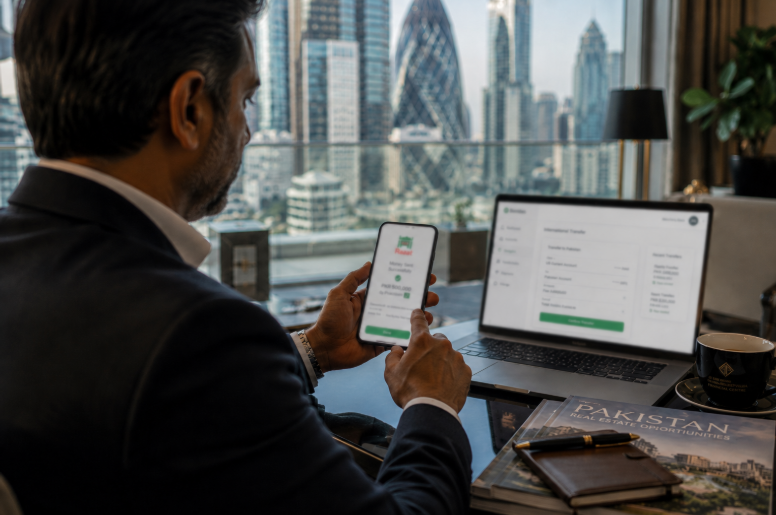 Overseas Pakistani investor using a digital payment platform to transfer funds for a property purchase in Pakistan while managing cross-border financial transactions.