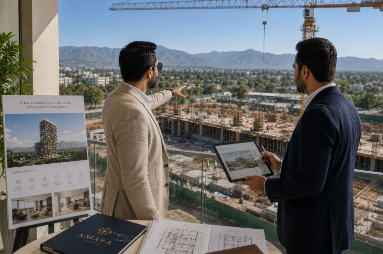 Overseas Pakistani investor visiting an Islamabad construction site with a property advisor.