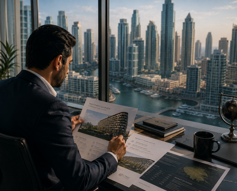 Overseas Pakistani investor reviewing Islamabad real estate reports and market documents.