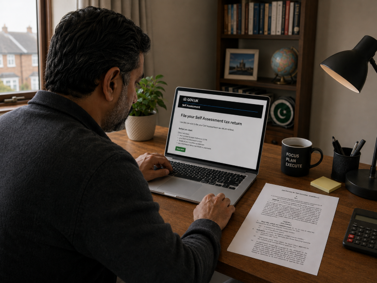Pakistani man completing his UK self-assessment tax return at home with property-related documents on his desk.