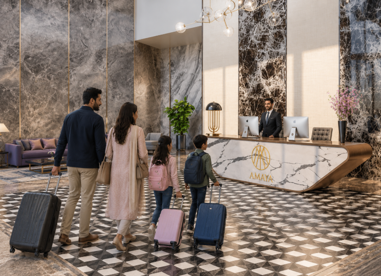 Pakistani family with two children and suitcases entering the lobby of a luxury residential development.