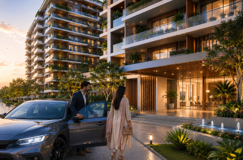 Overseas Pakistani couple arriving at a luxury residential apartment development in Pakistan while evaluating real estate investment opportunities.