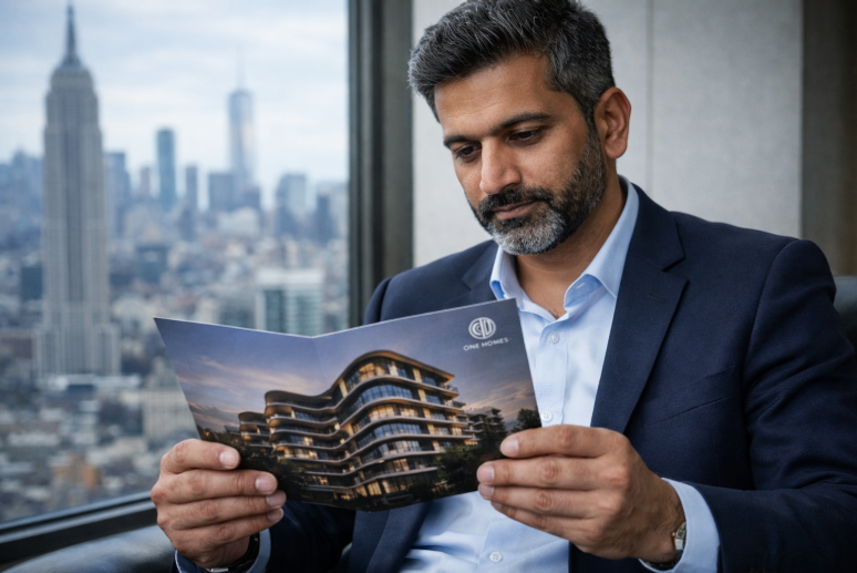 Affluent overseas Pakistani businessman reading a luxury Islamabad apartment brochure while planning a real estate investment from his NYC office.