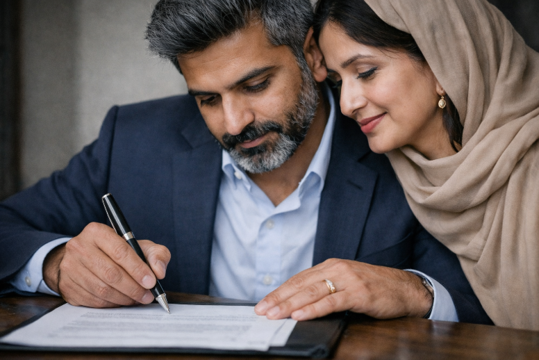 Pakistani couple signing Power of Attorney documents together to complete the purchase of an investment property in Pakistan while living abroad.