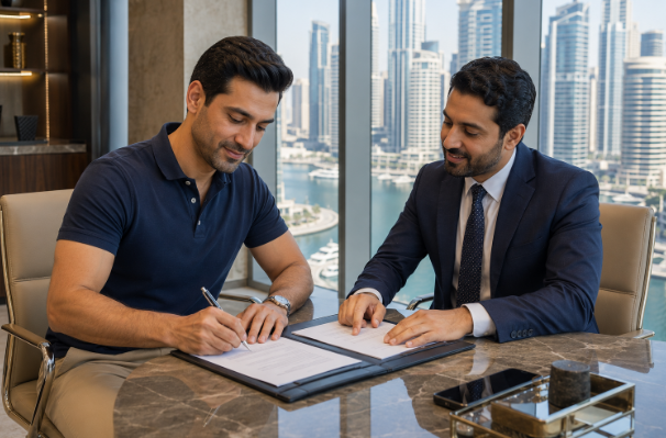 Affluent Pakistani investor wearing a polo shirt and khakis signs property documents with a Pakistani financial advisor in a luxury office overlooking Dubai Marina.