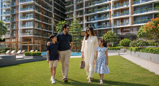  Overseas Pakistani family walking through the landscaped grounds of a modern residential development while viewing their investment property in Pakistan.