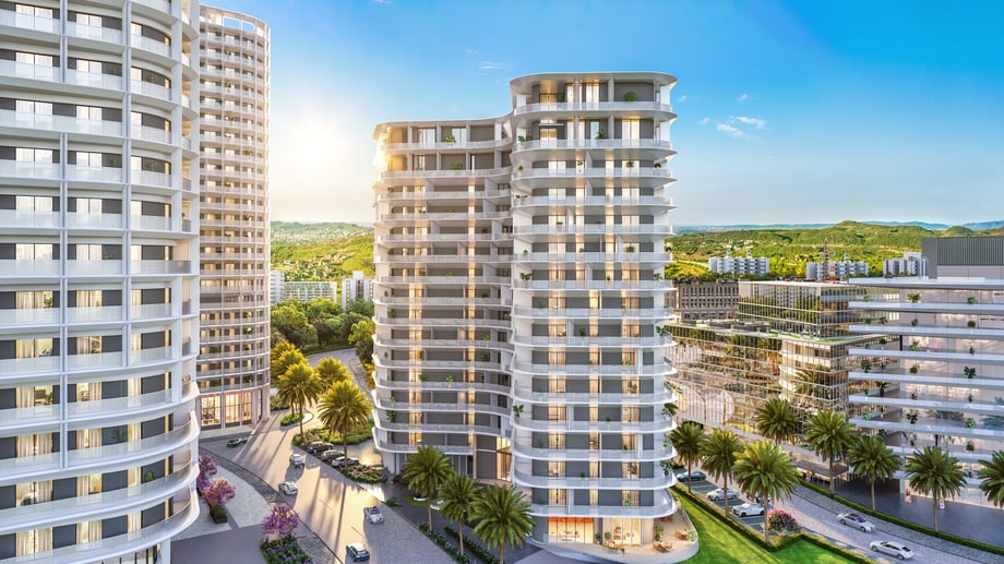 CGI image of a modern, rounded building structure in the centre surrounded by greenery and buildings on either side